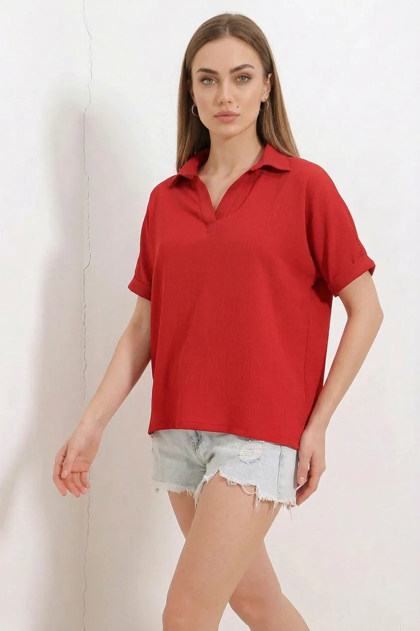 Kadın Polo Yaka Kısa Kol Oversize Bluz