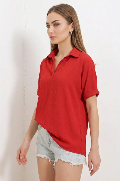 Kadın Polo Yaka Kısa Kol Oversize Bluz