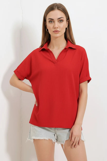 Kadın Polo Yaka Kısa Kol Oversize Bluz