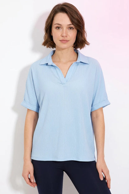Kadın Polo Yaka Kısa Kol Düğmeli Oversize Mavi Bluz