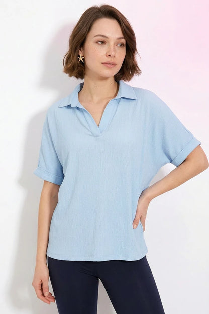 Kadın Polo Yaka Kısa Kol Düğmeli Oversize Mavi Bluz