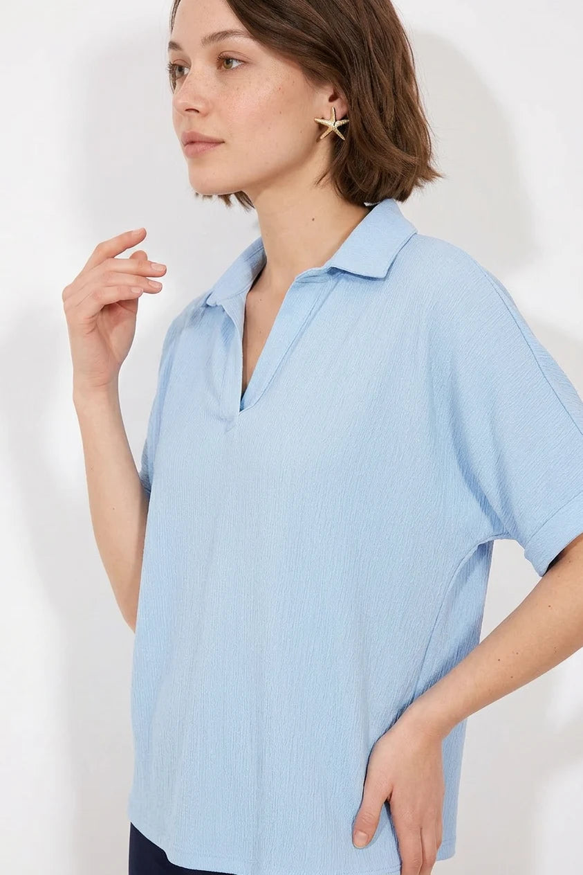 Kadın Polo Yaka Kısa Kol Düğmeli Oversize Mavi Bluz