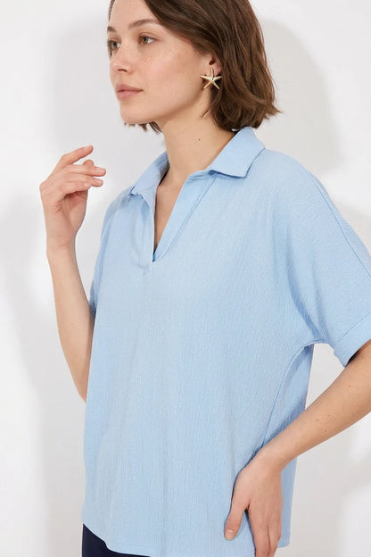 Kadın Polo Yaka Kısa Kol Düğmeli Oversize Mavi Bluz