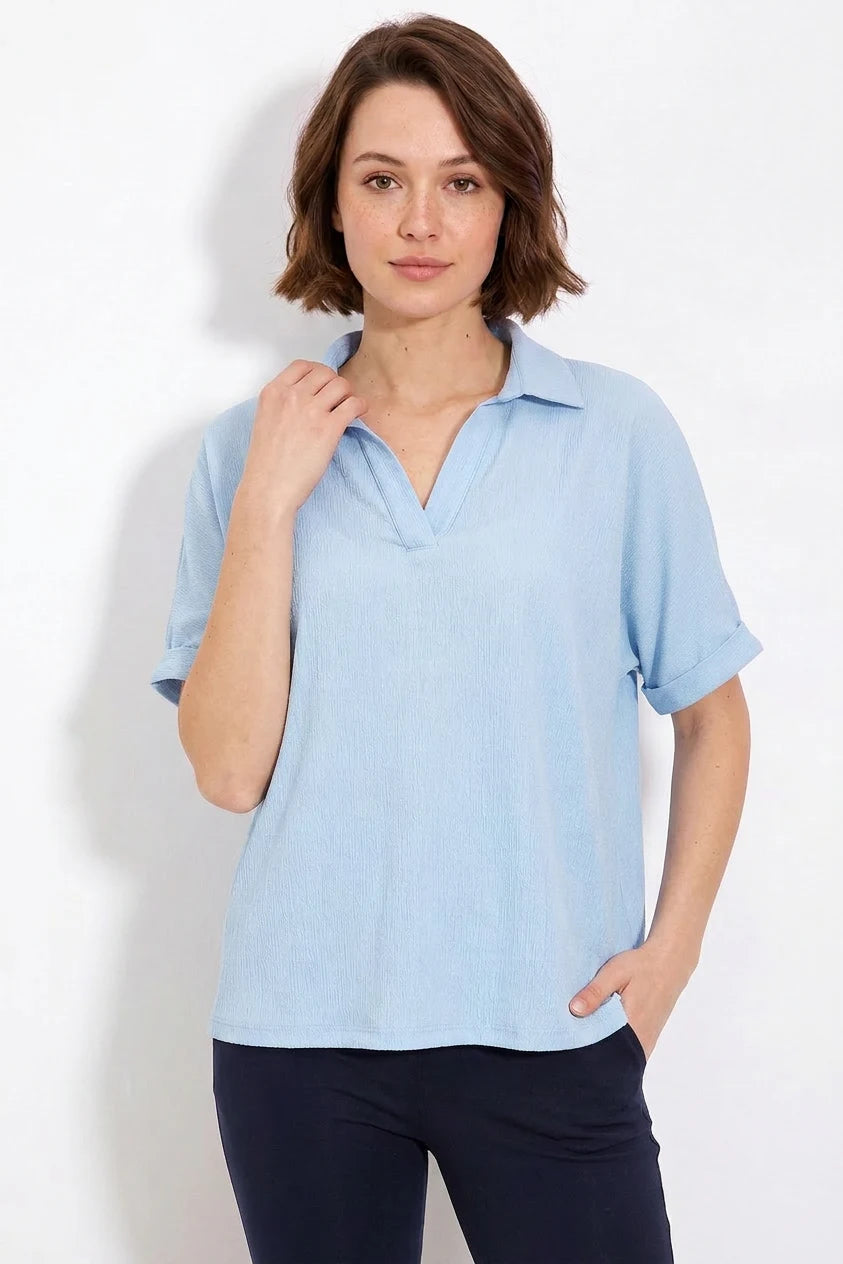 Kadın Polo Yaka Kısa Kol Düğmeli Oversize Mavi Bluz