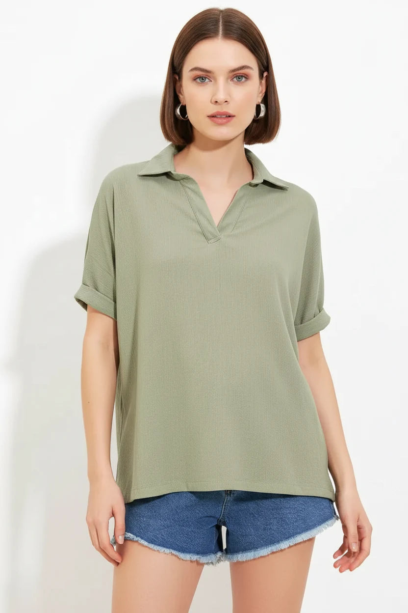 Kadın Polo Yaka Kısa Kol Oversize Bluz