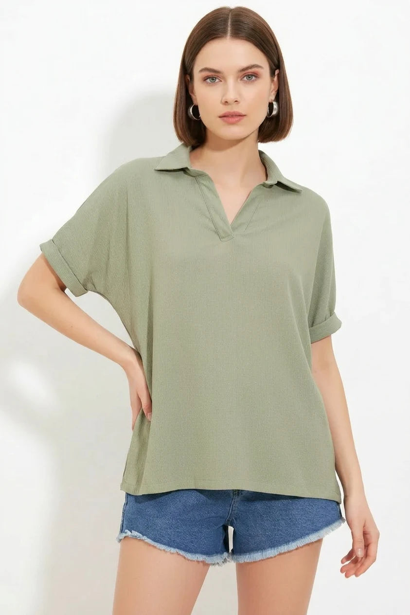 Kadın Polo Yaka Kısa Kol Oversize Bluz