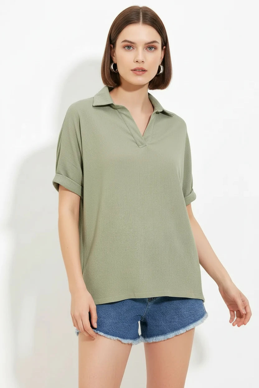 Kadın Polo Yaka Kısa Kol Oversize Bluz