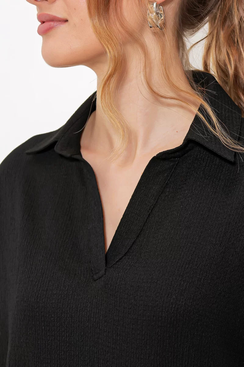 Kadın Polo Yaka Kısa Kol Oversize Bluz