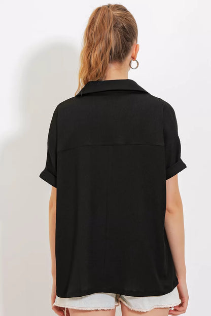 Kadın Polo Yaka Kısa Kol Oversize Bluz