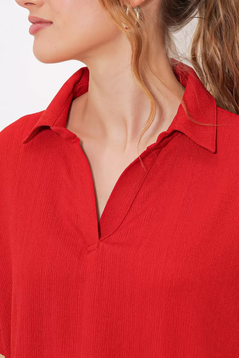 Kadın Polo Yaka Kısa Kol Oversize Bluz
