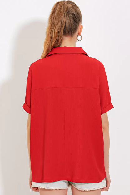 Kadın Polo Yaka Kısa Kol Oversize Bluz