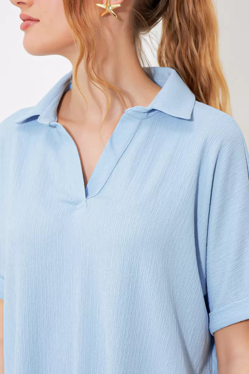 Kadın Polo Yaka Kısa Kol Düğmeli Oversize Mavi Bluz