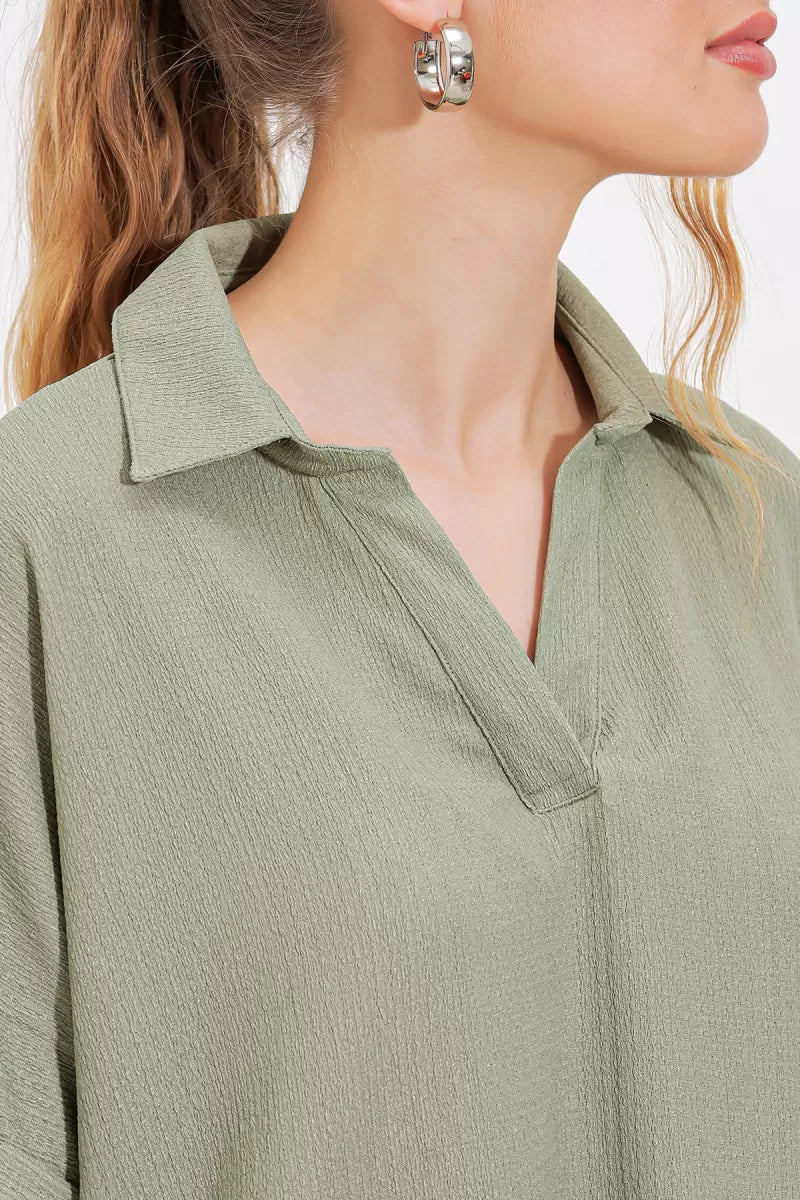 Kadın Polo Yaka Kısa Kol Oversize Bluz