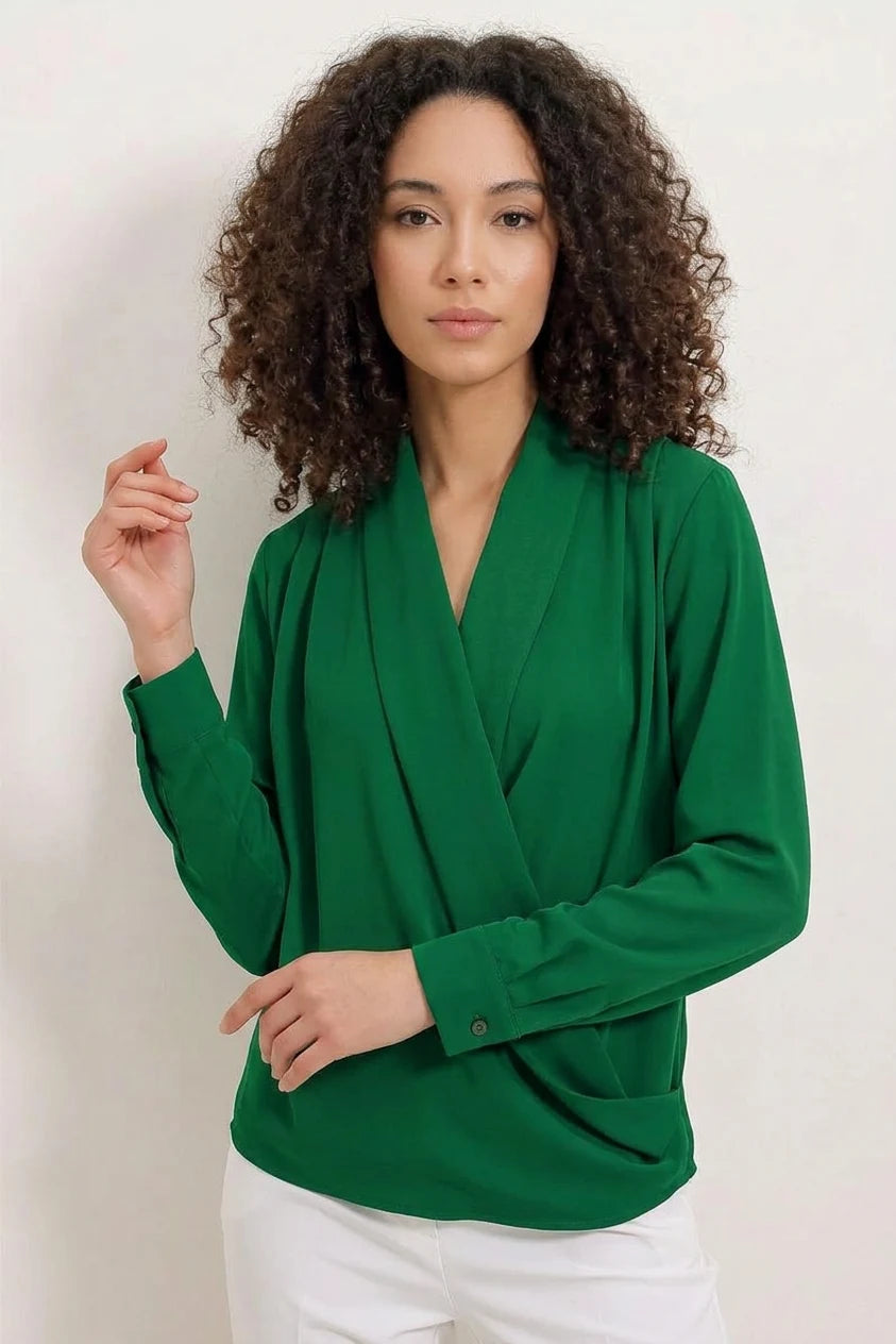Kadın Kruvaze Yaka Dökümlü Saten Bluz