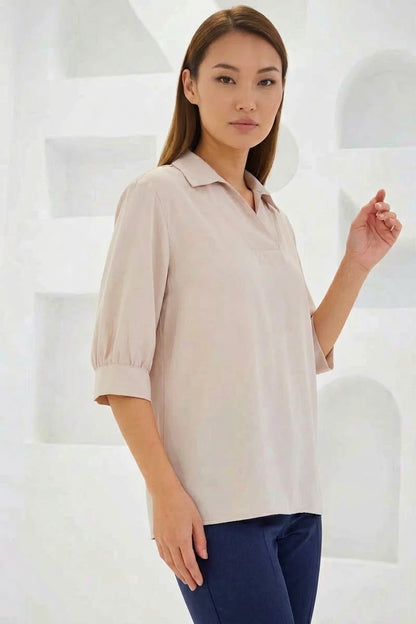 Kadın Gömlek Yaka Saten Krem Bluz