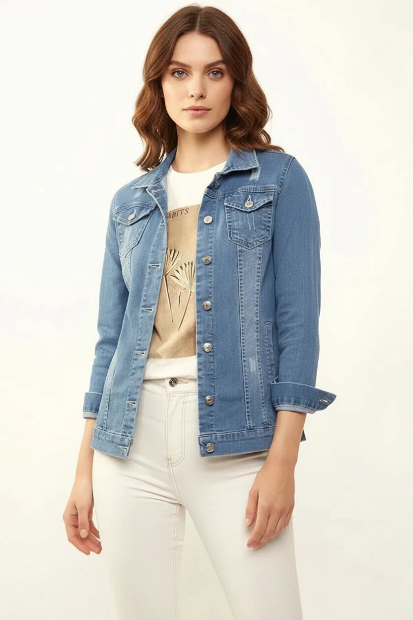Kadın Klasik Yaka Çift Cepli Oversize Pamuklu Mavi Ceket
