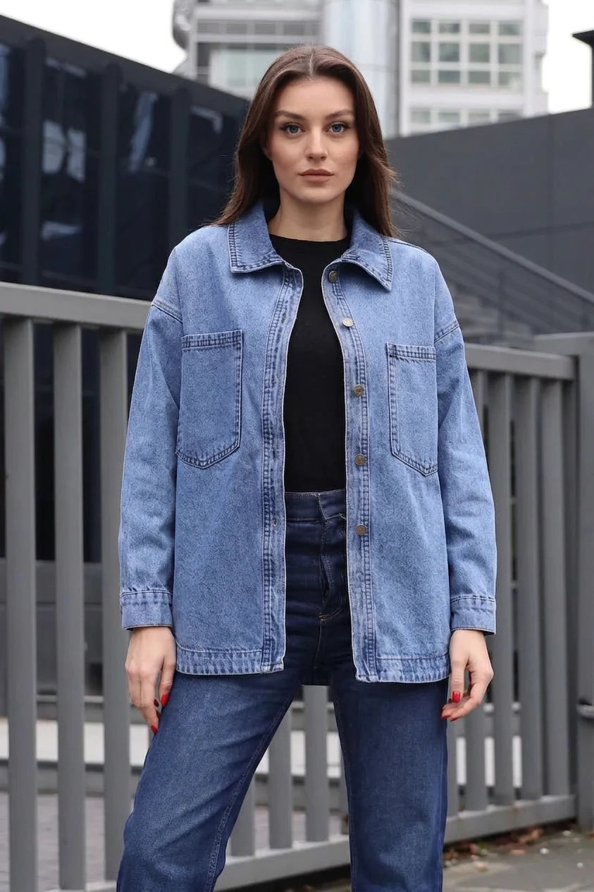 Kadın Gömlek Yaka Çift Cepli Oversize Pamuklu Ceket