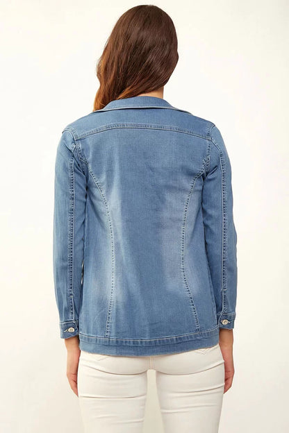 Kadın Klasik Yaka Çift Cepli Oversize Pamuklu Mavi Ceket