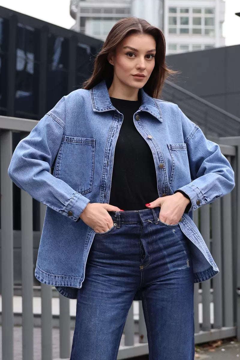 Kadın Gömlek Yaka Çift Cepli Oversize Pamuklu Ceket