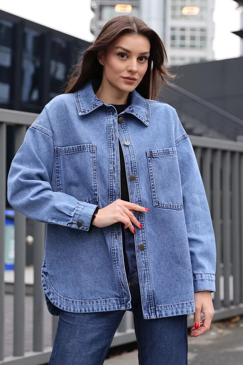 Kadın Gömlek Yaka Çift Cepli Oversize Pamuklu Ceket