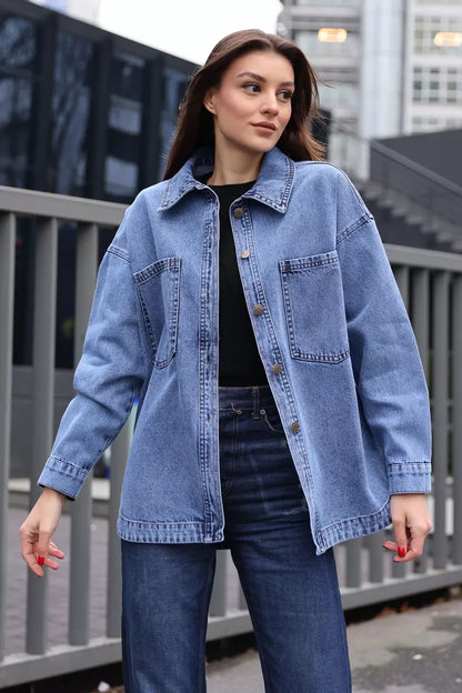 Kadın Gömlek Yaka Çift Cepli Oversize Pamuklu Ceket