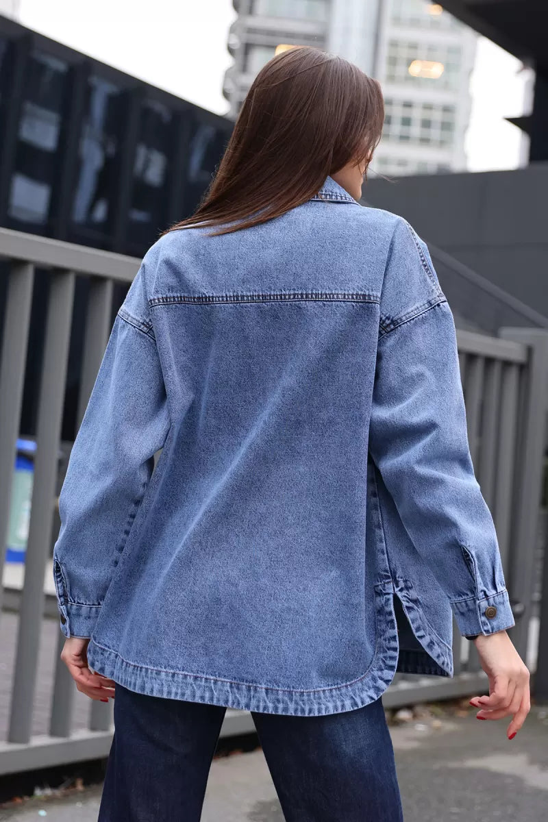 Kadın Gömlek Yaka Çift Cepli Oversize Pamuklu Ceket
