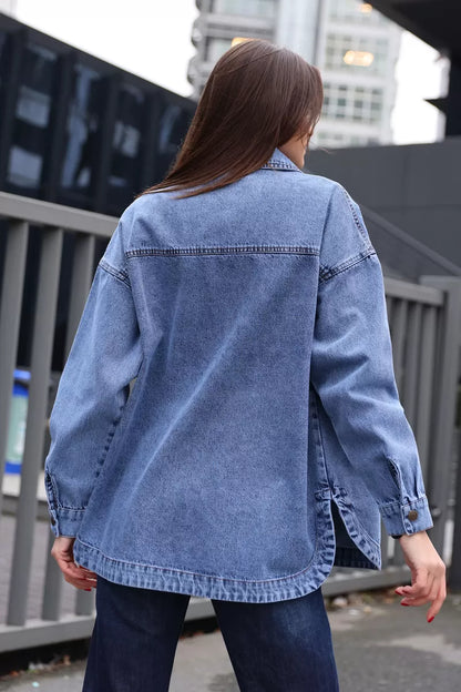 Kadın Gömlek Yaka Çift Cepli Oversize Pamuklu Ceket