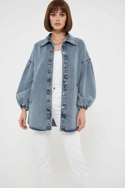 Kadın Gömlek Yaka Balon Kol Düğmeli Pamuklu Mavi Ceket