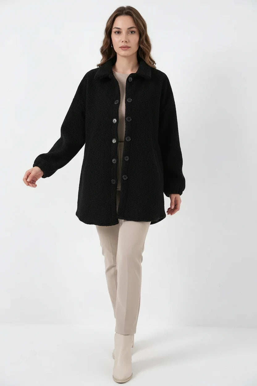 Kadın Gömlek Yaka Buklet Yün Ceket
