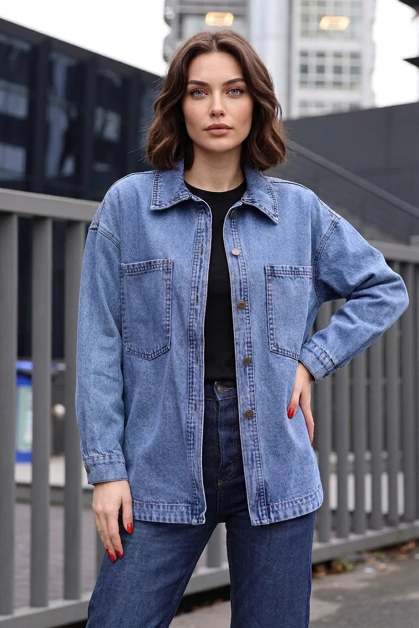 Kadın Gömlek Yaka Çift Cepli Oversize Pamuklu Ceket