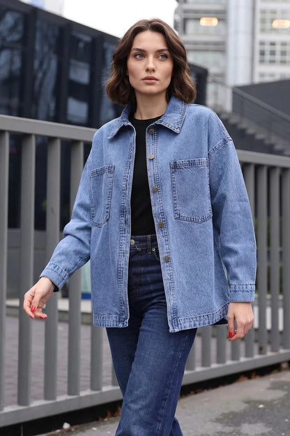 Kadın Gömlek Yaka Çift Cepli Oversize Pamuklu Ceket