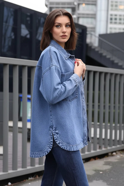 Kadın Gömlek Yaka Çift Cepli Oversize Pamuklu Ceket