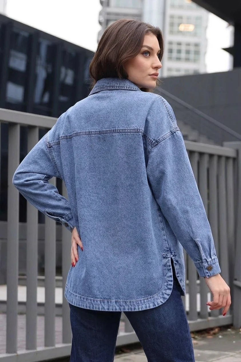 Kadın Gömlek Yaka Çift Cepli Oversize Pamuklu Ceket