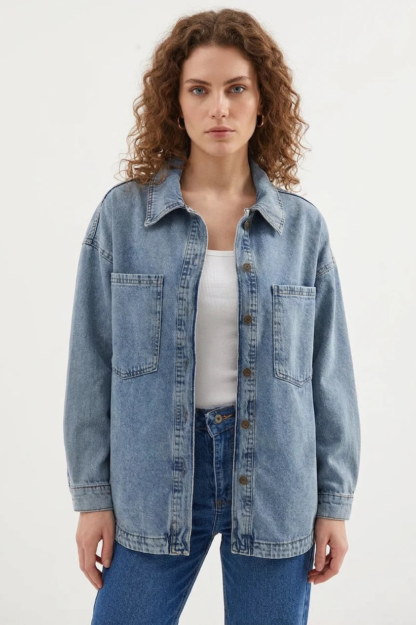 Kadın Gömlek Yaka Çift Cepli Oversize Pamuklu Buz Mavisi Ceket