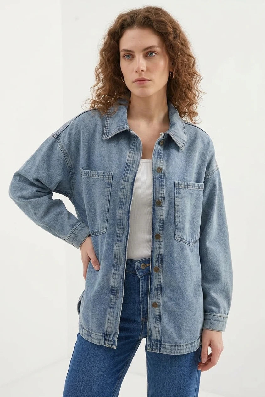 Kadın Gömlek Yaka Çift Cepli Oversize Pamuklu Buz Mavisi Ceket