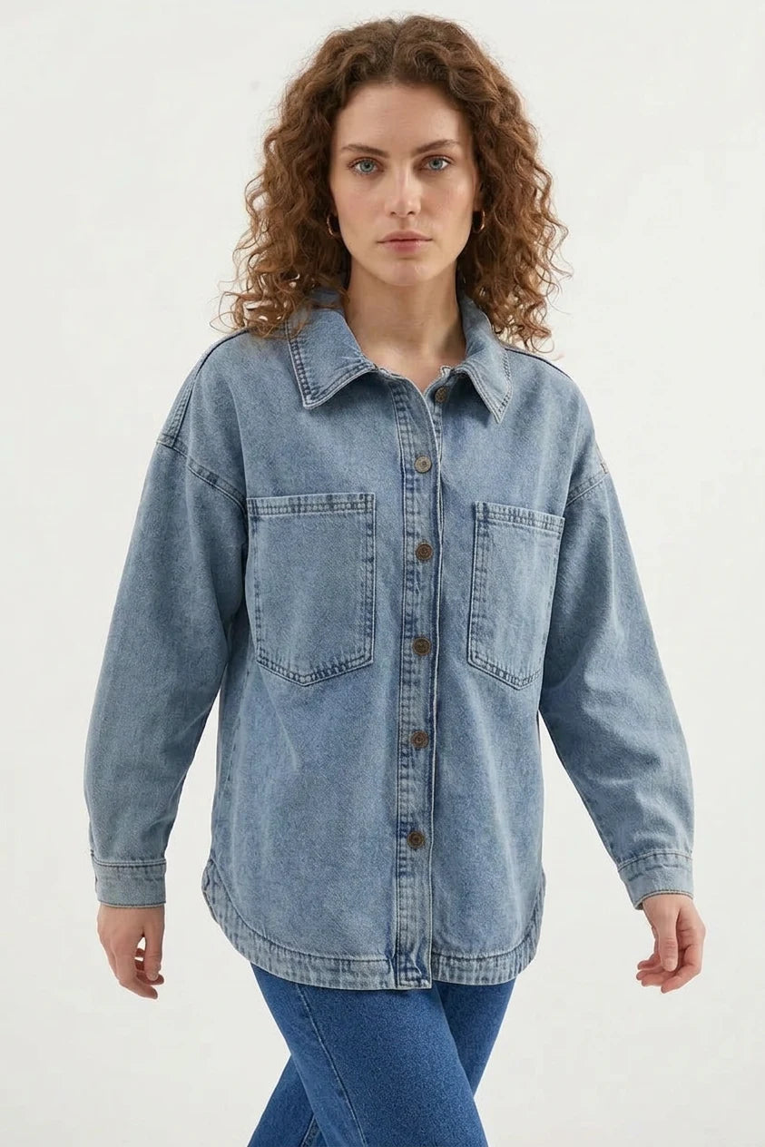 Kadın Gömlek Yaka Çift Cepli Oversize Pamuklu Buz Mavisi Ceket