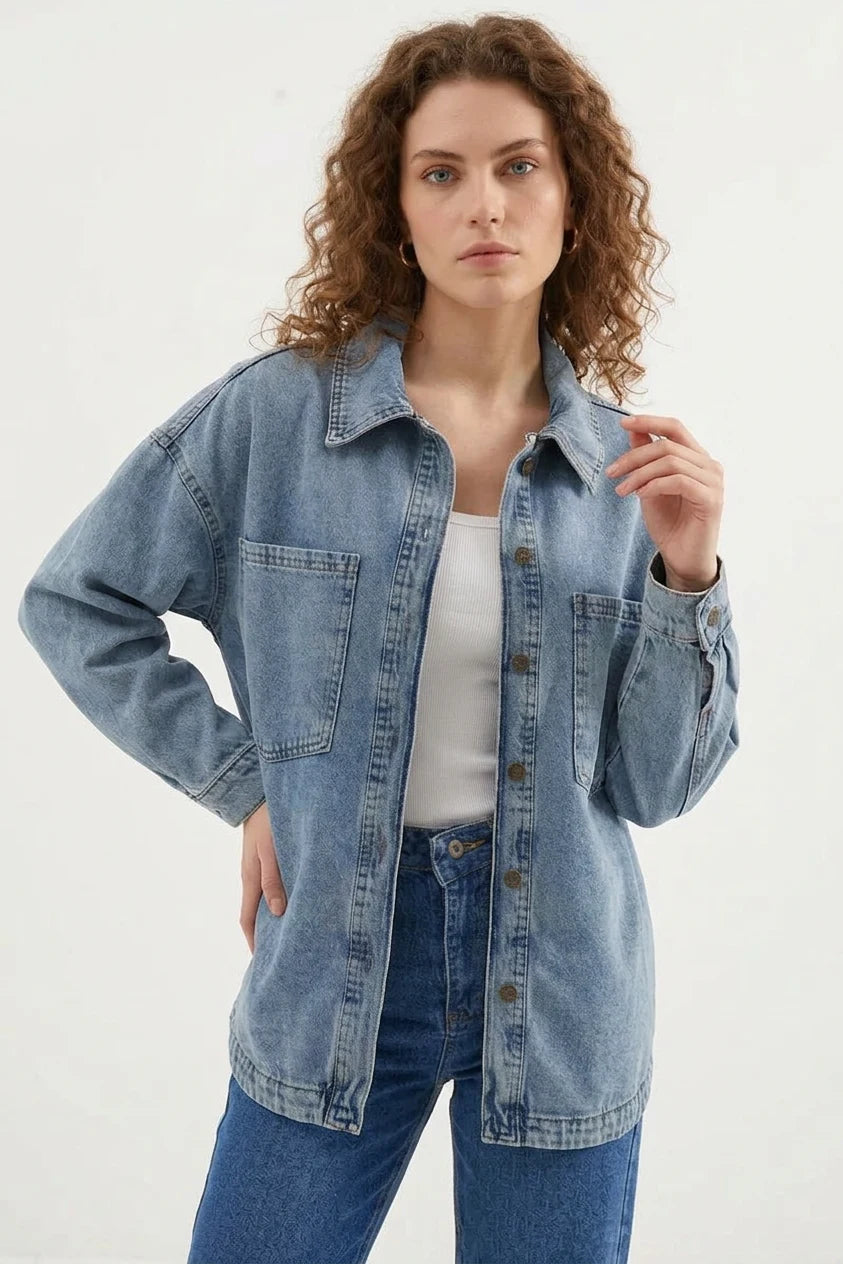 Kadın Gömlek Yaka Çift Cepli Oversize Pamuklu Buz Mavisi Ceket