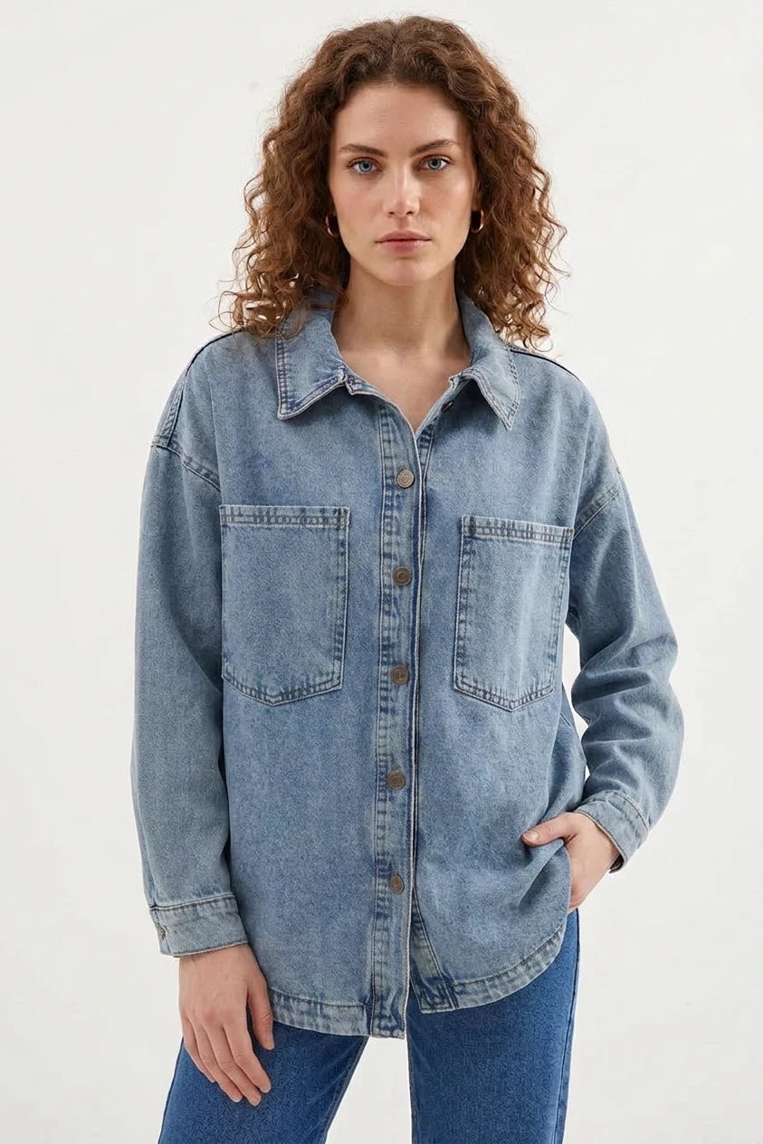Kadın Gömlek Yaka Çift Cepli Oversize Pamuklu Buz Mavisi Ceket