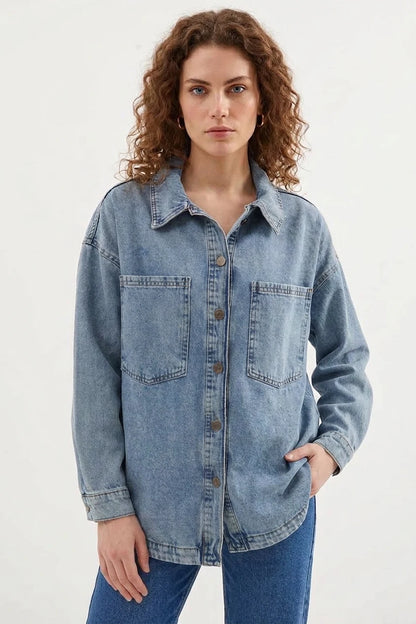 Kadın Gömlek Yaka Çift Cepli Oversize Pamuklu Buz Mavisi Ceket