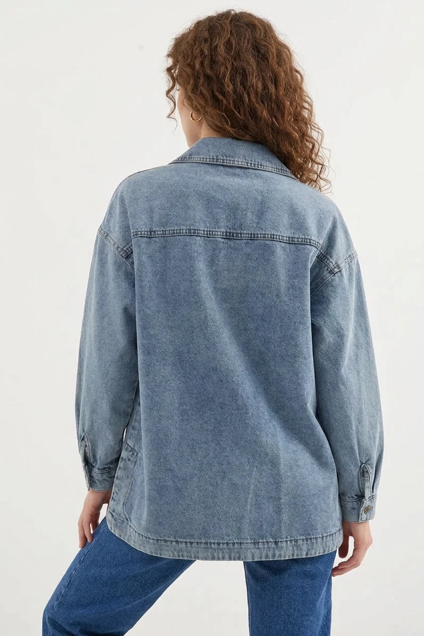 Kadın Gömlek Yaka Çift Cepli Oversize Pamuklu Buz Mavisi Ceket