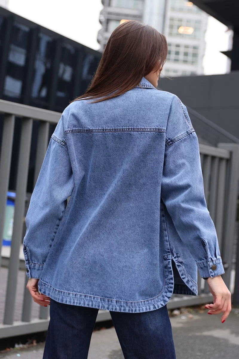Kadın Gömlek Yaka Çift Cepli Oversize Pamuklu Ceket