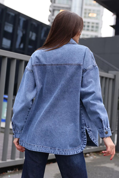 Kadın Gömlek Yaka Çift Cepli Oversize Pamuklu Ceket