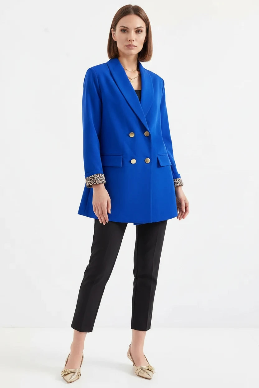 Kadın Blazer Yaka Leopar Desenli Kol Detayı Saks Ceket