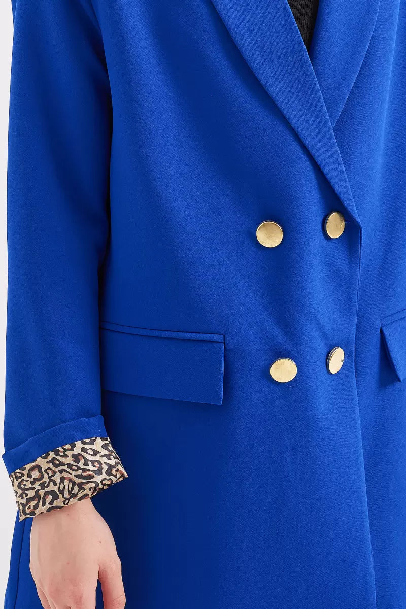Kadın Blazer Yaka Leopar Desenli Kol Detayı Saks Ceket