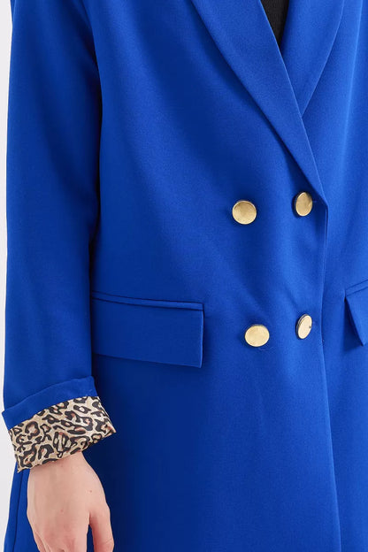 Kadın Blazer Yaka Leopar Desenli Kol Detayı Saks Ceket