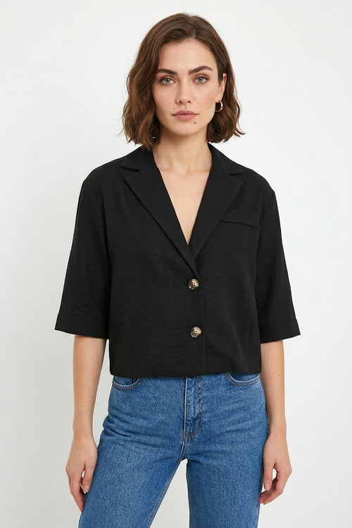 Kadın Klasik Yaka Crop Kısa Kol Oversize Düğmeli Keten Siyah Ceket