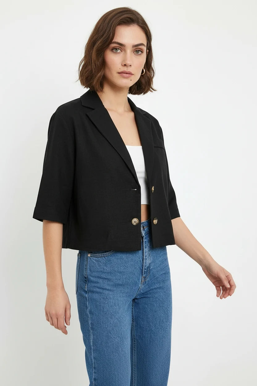 Kadın Klasik Yaka Crop Kısa Kol Oversize Düğmeli Keten Siyah Ceket