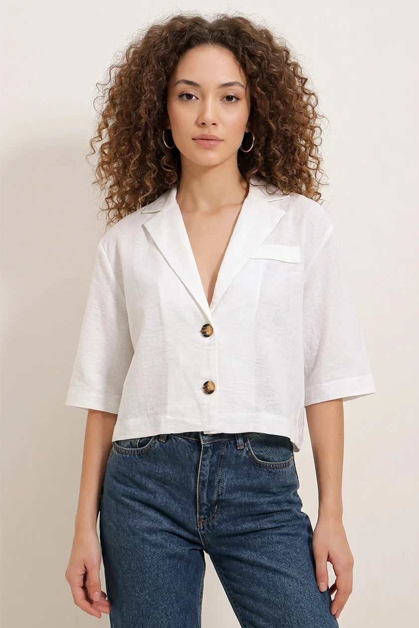 Kadın Gömlek Yaka Crop Oversize Düğmeli Keten Beyaz Ceket