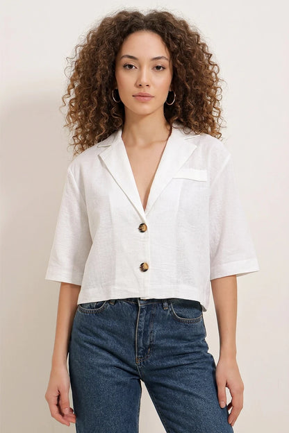 Kadın Gömlek Yaka Crop Oversize Düğmeli Keten Beyaz Ceket