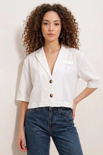 Kadın Gömlek Yaka Crop Oversize Düğmeli Keten Beyaz Ceket